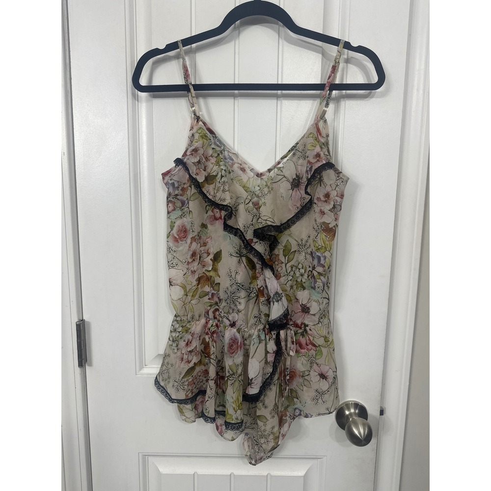 Flora Nikrooz Floral Lace Trim Romper Small Pink Green Sheer Ruffle Lingerie
